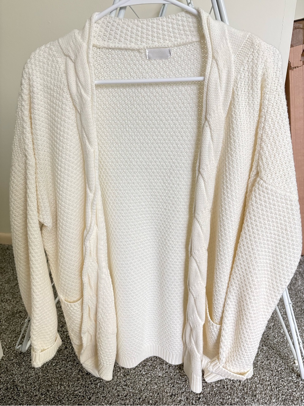 Cozy Open-Front Cream Cable Trim Sweater Cardigan